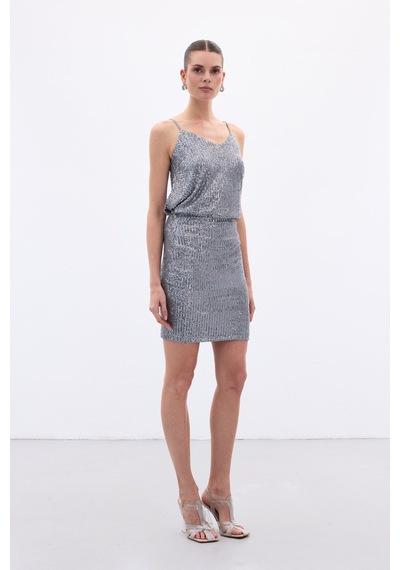 Sateen Payetli Mini Etek - Gri-136650 Gri