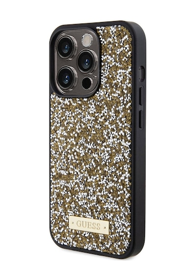 Apple Uyumlu iPhone 15 Pro Kılıf Guess Lisanslı Taşlı Arka Yüzey Metal Yazı Logolu Kapak Siyah
