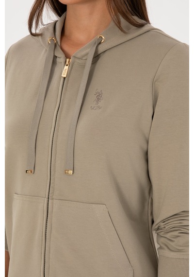 U.S. Polo Assn. Kadın Açık Haki Fermuarlı Kapüşonlu Sweatshırt 50313594-VR183