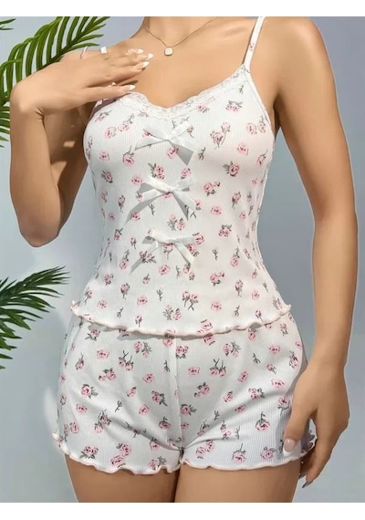 Veraura Lifestyle Kadın Pamuklu Beyaz Üstüne Çiçek Desen Fitilli Askılı Şortlu Pijama Takımı