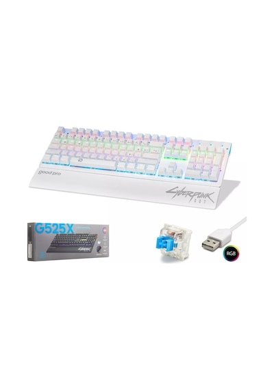 Hadron G525xw Cyberpunk Mekanik Gaming Klavye Blue Switch Rgb Bilek Destekli - Beyaz - 1 Adet