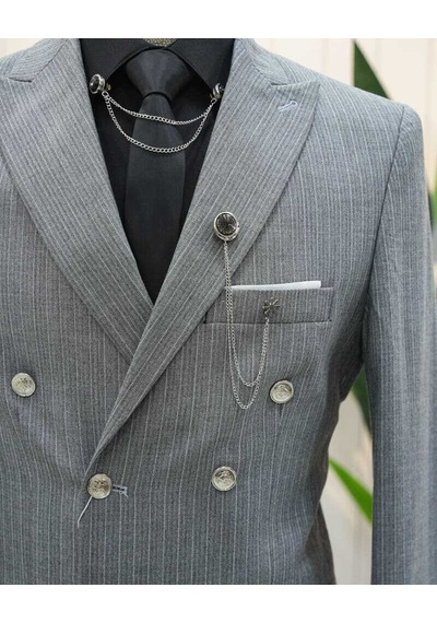 Beystil Sivri Yaka Gri Çizgili Kruvaze Takım Elbise Bezayak036- Slim Fit Gri