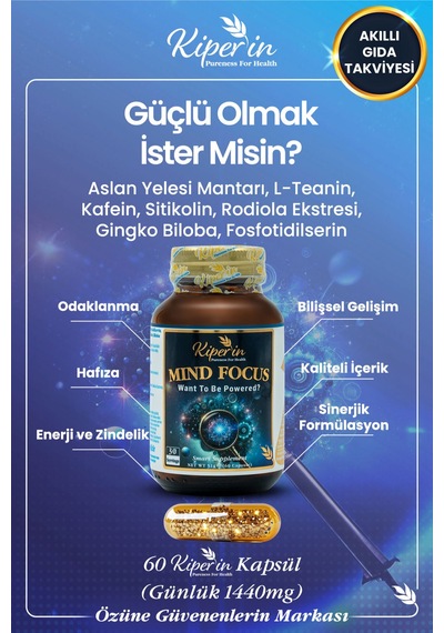 Kiperin Mind Focus Aslan Yelesi Mantarı, Sitikolin, Rhodiola, L-theanin 60 Kapsül