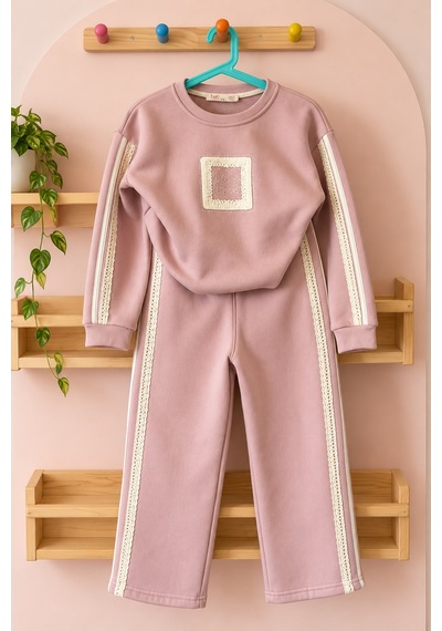 Kokoş Bebe Kız Çocuk Taş Detaylı Dantel Şeritli 3 İplik Şardonlu Eşofman Takımı - 5/12 Yaş - 31985 Pembe