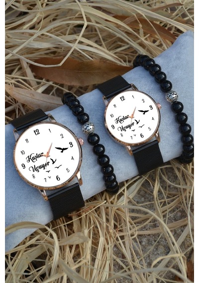 Siyah Rosegold Hasır Çift Kuşlar Uçuyor Beyaz Saat Ve Bileklik Çift Sevgili Saatleri