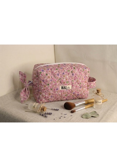 Pembe Çiçekli Kapitone Makyaj Çantası / Organizer - %100 Pamuk Kumaş Pembe - Mini Çiçekli