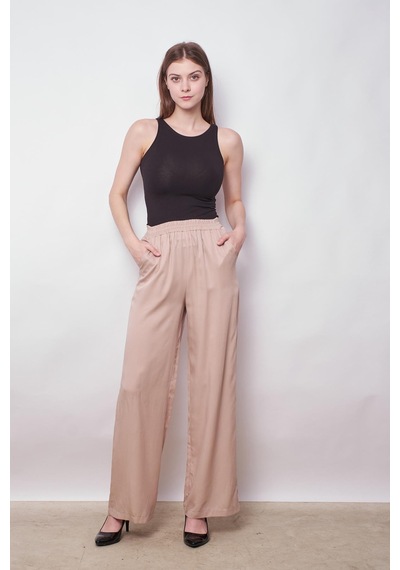 JUMENT %100 Iyocell Akıcı Şık Kumaş Yüksek Bel Beli Lastikli Yan Cepli Bol Paça Pantolon -taş