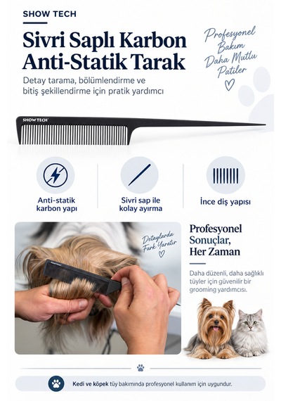 Showtech Sivri Saplı Karbon Anti-statik Kedi Köpek Örgü Tarağı