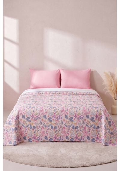 Pembe Kır Bahçesi Desenli Çift Kişilik Baskılı Pike & Yatak Örtüsü 200x230 Cm