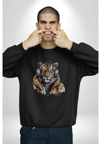Müzik Dinleyen Kaplan İnsan Mont Unisex Siyah Baskılı Sweatshirt Siyah
