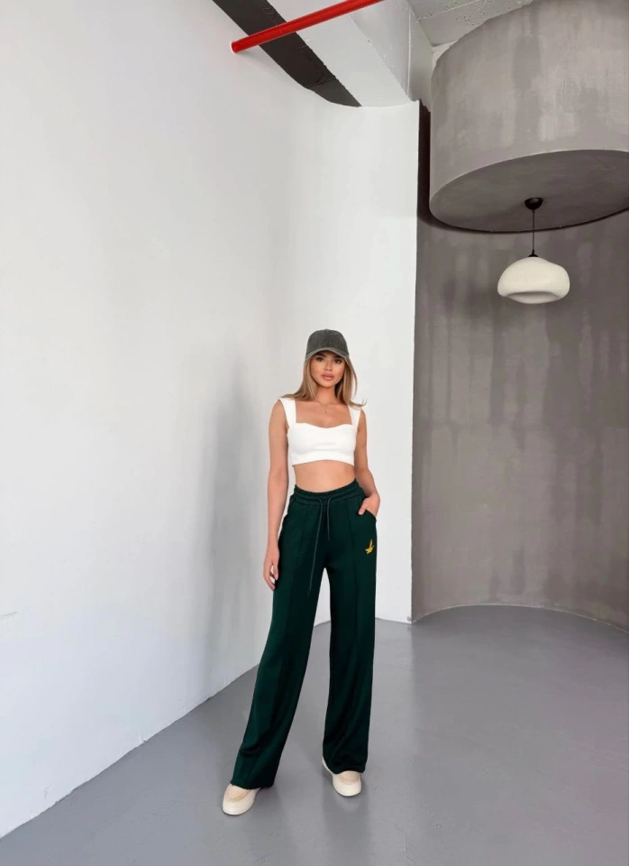 Suma Osy Modal Yumuşak Dokulu Kumaş Nakış Işlemeli Rahat Bol Paça Eşofman Pantalon - Siyah Yeşil
