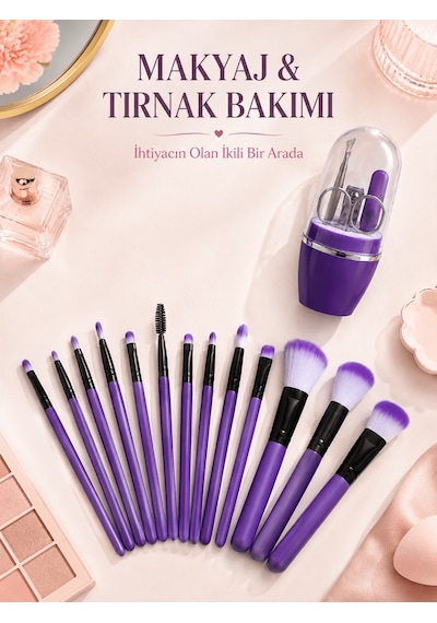Makyaj Ve Tırnak Bakım Seti 12 Li Mor Makyaj Fırçaları Manikür Pe