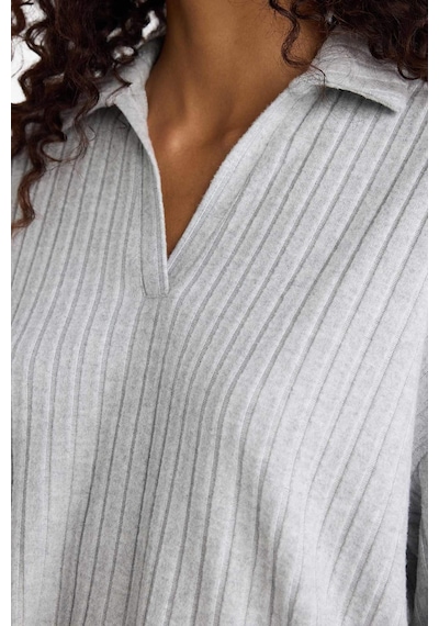 Defacto Relax Fit Polo Yaka Fitilli Kaşkorse Uzun Kollu Tişört F1007ax25augr210 Gri