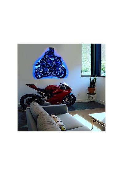 Led Işıklı İnsan Figürlü Motor Dekoratif Tablo Duvar Dekorlu Gece Lambası Mavi - 738273781 Mavi