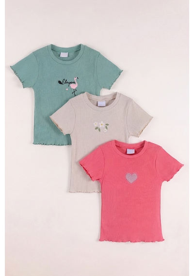 Monox 5-12 Yaş Kız Çocuk 3'lü Nakışlı Fitilli Tshirt Likralı Esnek Yazlık Body Set Taş Yeşil Nar