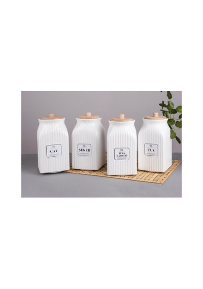 4 Lü Bambu Kapaklı Porselen 1000 Ml Çay Şeker Türk Kahve Tuz Saklama Kavanoz Seti Bakliyat Kavanoz Beyaz Beyaz