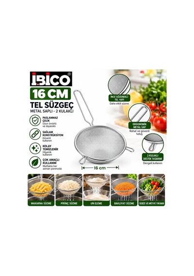 İbico İ22-300 Tel Süzgeç 16cm Sap: 15cm 2 Kulaklı Metal Saplı - 12'li Paket