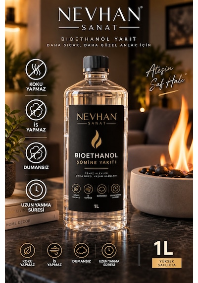Bioethanol Yakıt 1 Litre %96 Saflıkta Şömine Yakıtı Kokusuz, Dumansız, İs Yapmaz Ortalama 8 Saat Yanma