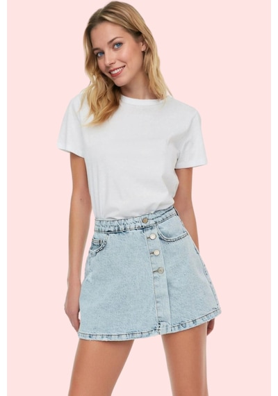 Ersefa Kadın Pamuklu Denim Şort Etek Parça Boya Casual Stil Yüksek Bel Y mavi