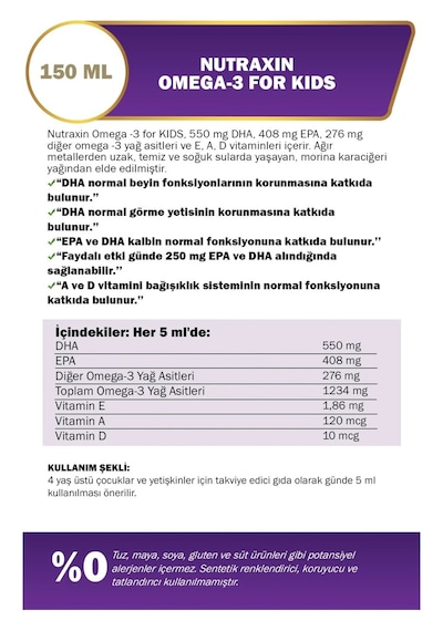 Nutraxin Omega3 Tutti Frutti Aromalı Çocuklar İçin 2 x 150 ML