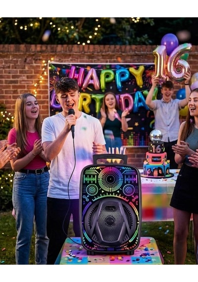 Hubrendy Tekno Mikrofonlu Bluetooth Hoparlör 8 İnç Rgb Işıklı Taşınabilir Ses Sistemi