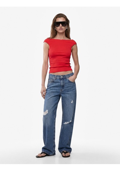 Koton Pamuklu Ribanalı Slim Fit Omzu Açık Madonna Yaka Tişört Kırmızı 6sak50503ek