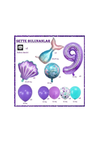 9 Yaş Deniz Kızı Temalı Doğum Günü Parti Kutlama Seti Konsept 1