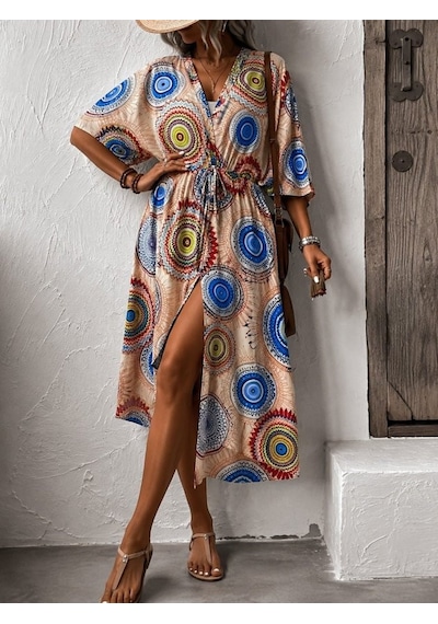 Efnaz Style Kadın Kısa Kollu Önü Açık Belden Kuşaklı Uzun Kimono Kırmızı