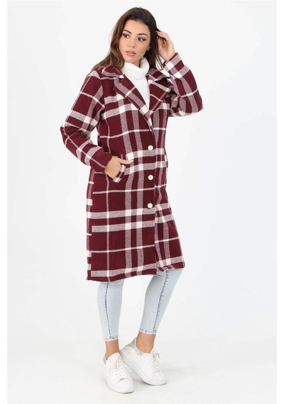 Dip Moda Kadın Düğme Detaylı Cepli Ekose Kaşe Kaban Dp9018 Bordo
