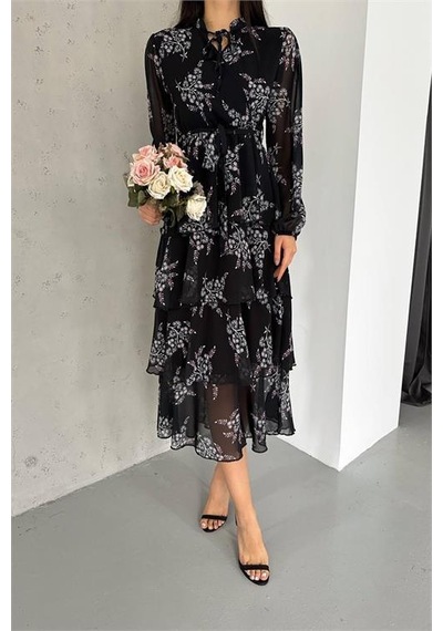 Dip Moda Kadın Yakası Bağlama Detaylı Desenli Şifon Elbise Dpnbk2036 Siyah Dip Moda Kadın Yakası Bağlama Detaylı Desenli Şifon Elbise Dpnbk2036 Siyah