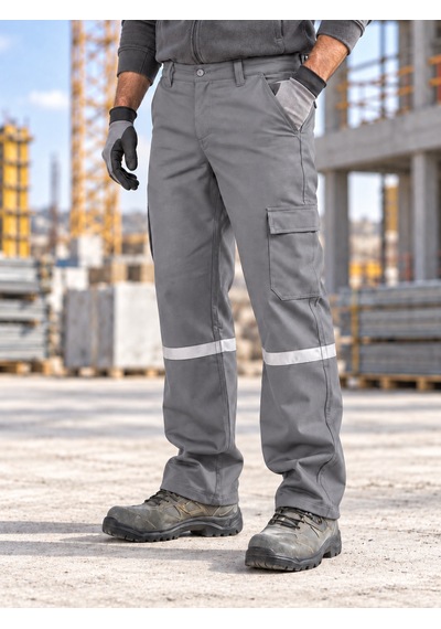 7/7 Kışlık Gabardin Reflektörlü İşçi Pantolonu Gri Kargo Cepli Kalın Gabardin İnşaat İş Pantolonu