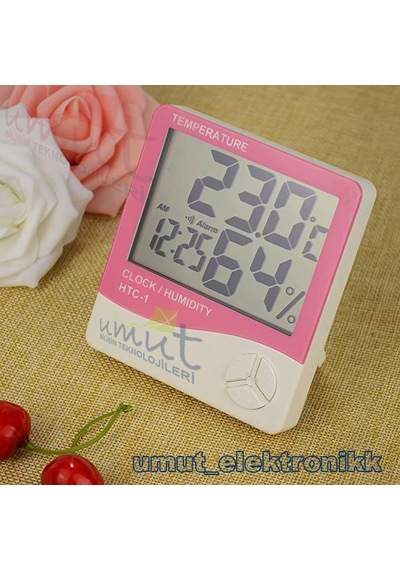Termometre Dijital Nem Ölçer Sıcaklık Isı Alarmlı Masa Saat Pembe