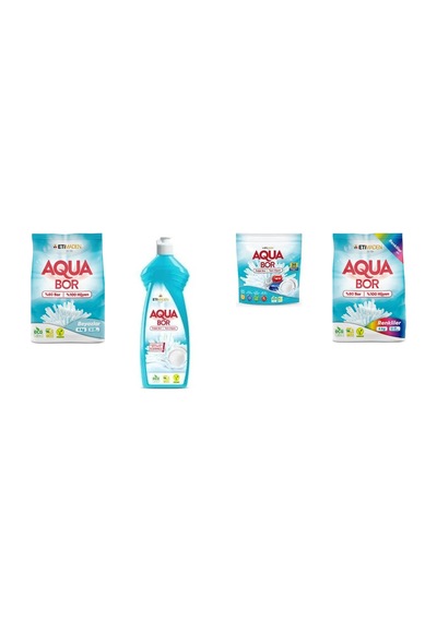 Aquabor Doğal Mineralli 4 Kg Beyaz + Elde Bulaşık + Tablet + 4 Kg Renkliler 4 Lü Set