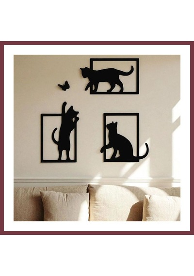 Storeşahin 3d Baskı Kedi Ve Kelebek Duvar Dekoru 3'lü Set Siyah Kedi Silüeti Duvar Süsü Shn0720