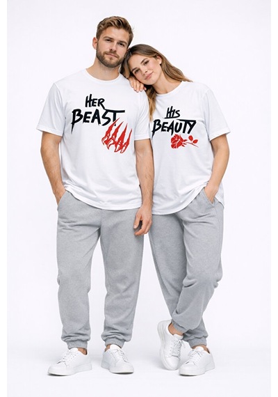 Sevgili Kombini Her Beast His Beauty Oversize Çift Tişört Unisex Beyaz