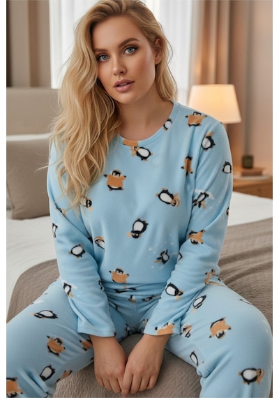 Siyah İnci Büyük Beden Polar Kışlık Örme Pijama Takım 25222583 mavi