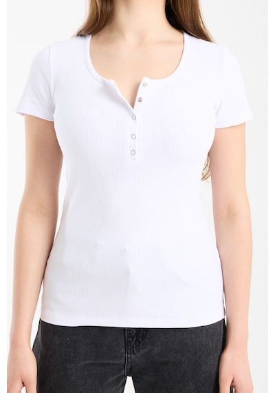 Hdm Kadın Esnek Fitilli Yakası Çıtçıtlı Beyaz Kısa Kol Basic Örme Bluz - H5993-55 Beyaz