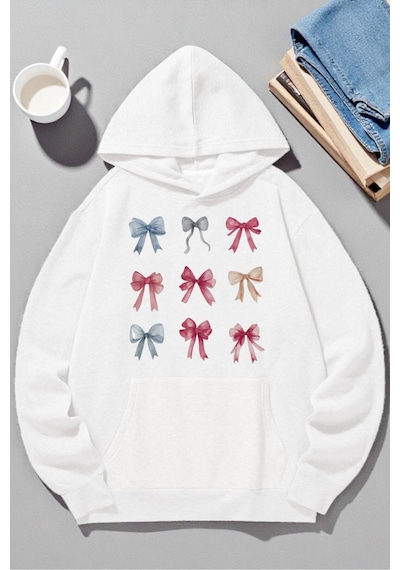 Uyguntarz Unisex Renkli Kurdele Baskılı Kapüşonlu Sweatshirt beyaz