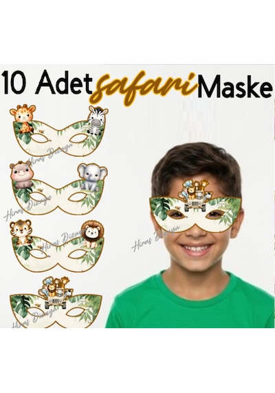 10 Adet Safari Konsept Kağıt Parti Maskesi Safari Orman Hayvanları Doğum Günü Süsü
