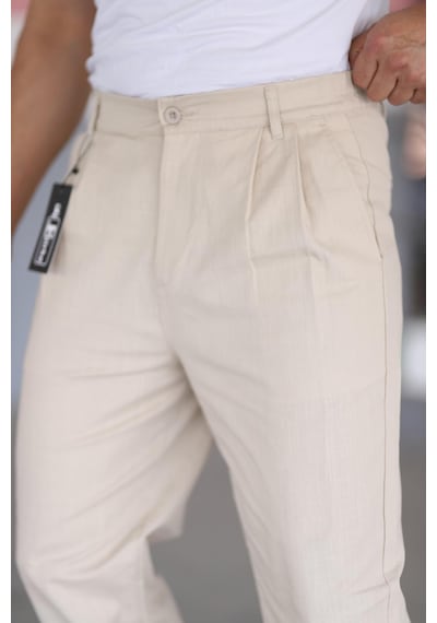 Bürke Çift Pileli Bej Renk Beli Yarım Lastikli Kaliteli Rahat Kesim Keten Baggy Pantolon