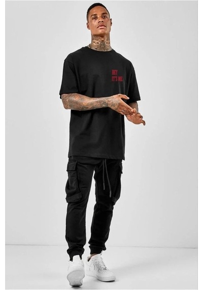 Erkek Bisiklet Yaka Oversize Baskılı Kısa Kol T-shirt - Siyah Siyah