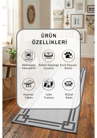 Sevde Antrasit Çerçeve Yıkanabilir Yolluk