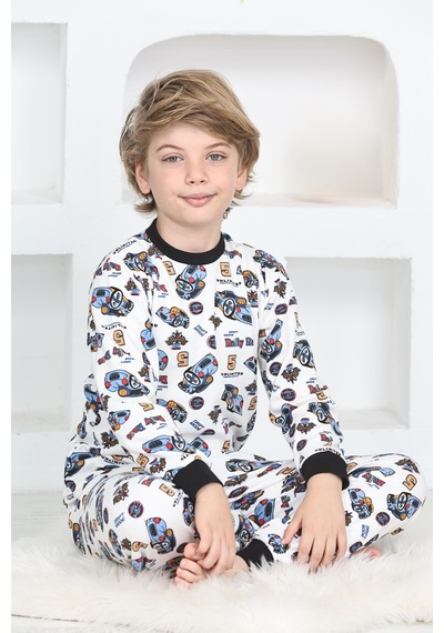 Modanino Erkek Çocuk Araba Baskılı Pijama Takımı 1-7 Yaş 12290 Beyaz