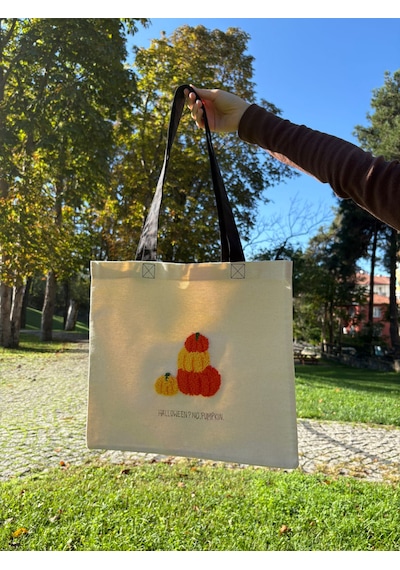 Bolergıashop Pumpkın Tasarım Canvas Omuz Çantası Turuncu Punch İşleme