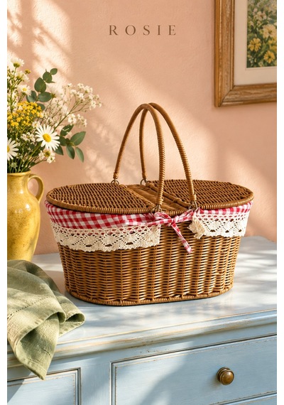 Rosıe Pötikare Desen Kumaş 2 Kapaklı Oval Piknik Sepeti 40 Cm Karışık