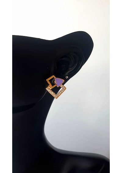 Altın Kaplama Gold Neon Mineli Mor Kare Zirkon Taşlı Minimalist K Altın