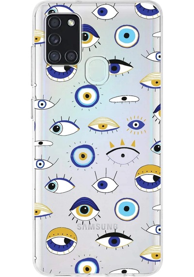 Samsung Galaxy A21s İle Uyumlu 1mm Slim Fit Nazar Boncuğu 2 Baskılı Şeffaf Kılıf Şeffaf