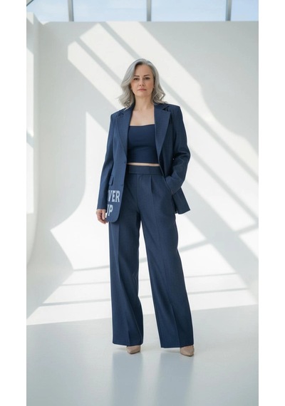 Byemelika Tasarım Baskılı Denim Blazer Lacivert