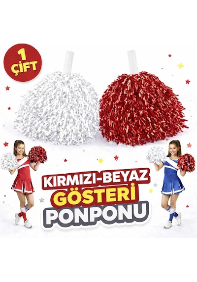 1 Çift 2 Adet Kırmızı-beyaz Renk 23 Nisan 19 Mayıs 29 Ekim Okul Gösteri Ponponları Ekstra Dolgun