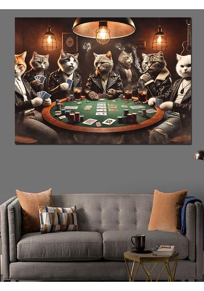 Poker Masasında Oynayan Kediler Dekoratif Kanvas - Mdf Ahşap Tablo